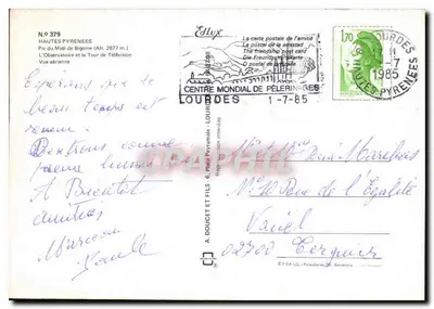 Pic du Midi de Bigorre — Vista aérea — El Observatorio y la Torre de Televisión — Editor A. Doucet y Fils, N° 379 — Reverso