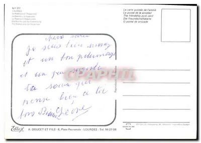 Jaskinia w Lourdes — Objawienie Najświętszej Panny Maryi — Wydawca Edlux, nr 377 — Rewers