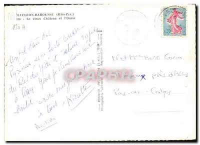 Bilhete postal moderno Mauleon Barousse Hautes Pyrenees O Velho Castelo e a Ourse — Verso