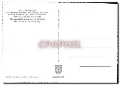 Lourdes — Chorzy uczestniczący w drodze Krzyża i Mszyi na placu Rosary — Wyd. A. Doucet, nr 462 — Rewers