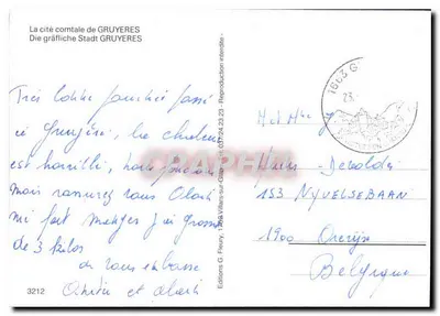 Gruyères — vista panorámica con montañas, vacas y pueblo — Ediciones G. Fleury, n° 3212 — Reverso