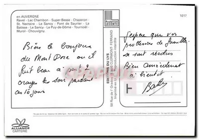 Em Auvergne — paisagens e monumentos — Edições Léconte, n°1017 — Verso