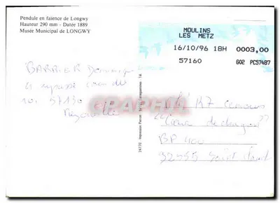 Zegar z fajansu z Longwy — wysokość 290 mm — Muzeum Miejskie w Longwy — wydawca: Impression Pierron — Rewers
