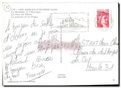 Les Sables d'Olonne — widok panoramiczny z portem, plażą i zegarem — wydawca Harrvs, nr 179 — Rewers