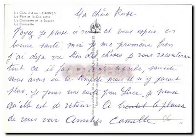 Cannes — panoramiczny widok portu, Croisette i plaży — wydawca MAR — Rewers