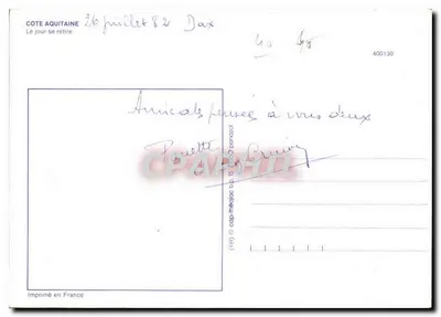 Kraj Aquitania — dzień się kończy — wydrukowany we Francji, n° 400130 — Rewers