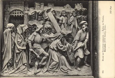 Crucificação — Retábulo de escultura (madeira), século XVI — Museu de Thielen, Igreja de Thielen