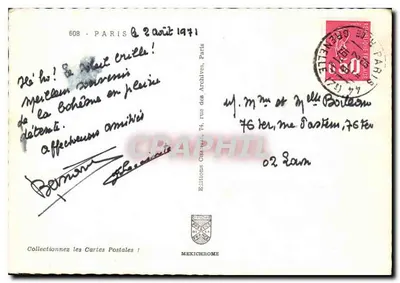 Montmartre — vista panorâmica com Sacré-Cœur, rue des Abbesses, artista ao cavalete, moinho de Montmartre — Edições Mexichrome, n° 608 — Verso