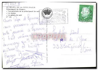 Monako — Ogólny widok księstwa w nocy — Pałac w Monako i Kasyno — Wydawca Pałac w Monako Nr 181 — Rewers