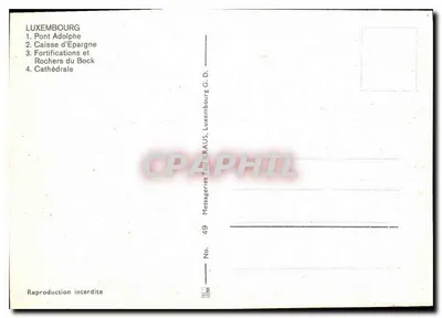 Ponte Adolphe — Caixa de Epargna — Rochers do Bock — Catedral — Messageries Paul Kraus, No. 49 — Verso