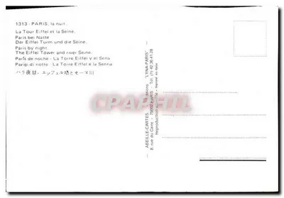 Paryż — Wieża Eiffla i Seina — noc — Wydawnictwo ABELLE-CARTES, nr 1313 — Rewers