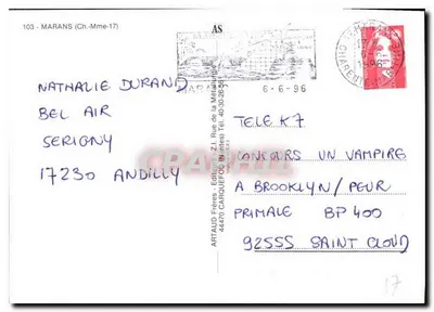 Marans — widok miasta z jachtem i kościołem — Artaud Frères, n°103 — Rewers