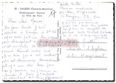 Saujon (Charente-Maritime) — Estabelecimento termal La Villa du Parc — Gaby — Verso