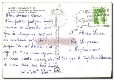 Het Cours d'Albois in Rochefort — Tuinen met het Zeeziekenhuis — Uitgever É. Olcé, N° 3188 — Achterkant