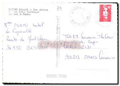 Béziers (Hérault) — Vista aérea das Allées Paul-Riquet com o Teatro no fundo — Éditions J. Combier — Verso