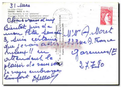 Rue Masséna, Nice — rua pedestre com fonte e terrasses — Edições Internacionais do Turismo — Verso