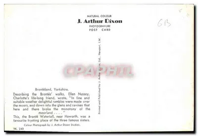 Brontëland, Yorkshire — Wodospad Brontë w pobliżu Haworth — J. Arthur Dixon Fotogravura Pocztówka YK. 240 — Rewers