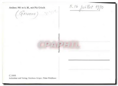 Andeer, 981 m acima do nível do mar, com o Piz Grisch — Grisons — editor Flims-Waldhaus, n° C 3093 — Verso