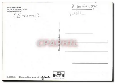 Widok na Schams (GR) — z Piz la Tschera, Hürëll i Surettahörner — wydawca foto Gross, nr 36074 — Rewers
