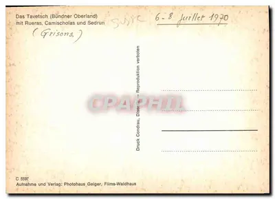 Vista do Tavetsch (Bündner Oberland) — com Ruera, Camischolas e Sedrun — Photohaus Geiger, Films-Waldhaus, n° C 5597 — Verso