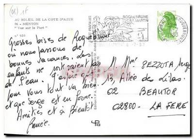 Menton — Vista sobre o Porto — Edição Y.P.A. Roquebrune-Cap-Martin n° 920 — Verso