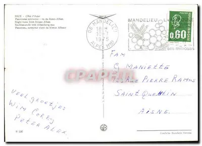 Nice - Côte d'Azur — nachtweergave van de Mont Alban — uitgever T. Av. De La Madeleine, Mandelieu — Achterkant