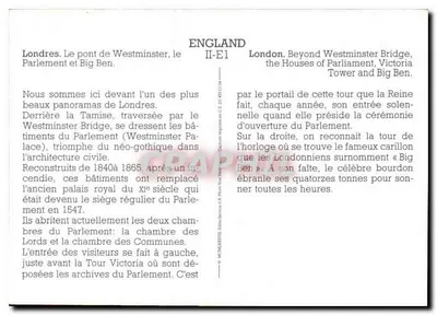 Londres. O ponte de Westminster, o Parlamento e Big Ben — England II-E1 — Editor: Photo-Services S.A. — Verso