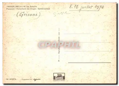 Andeer GR — Groet uit ANDEER GR — uitgever St. Gallen O. St. Fiden, n° 34192 fb — Achterkant