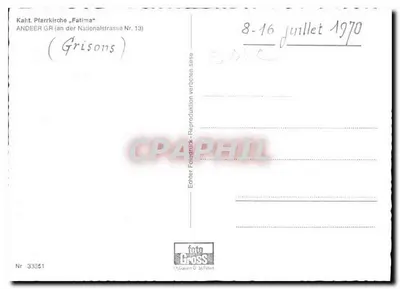 Parafialna świątynia w Fatimie — Andeer, Grisons — wydawca foto Gross, nr 33351 — Rewers