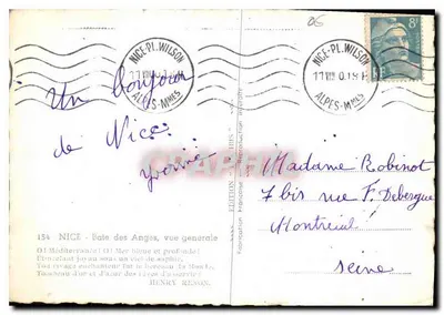 Vue générale de la Baie des Anges à Nice — Édition Française — Rewers