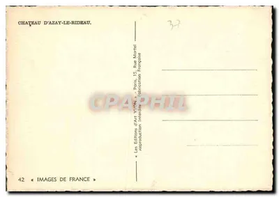 Castelo de Azay-le-Rideau — visão do castelo com canal — editor Yvon, n°42 — Verso