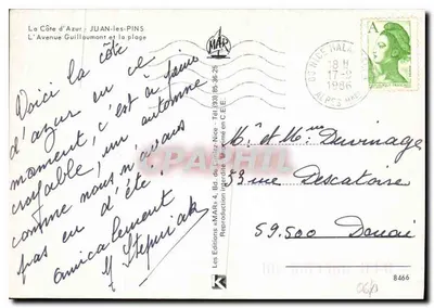Juan-les-Pins — vista de la playa y de la Avenue Guilloumont — ed. MAR, n° 8466 — Reverso