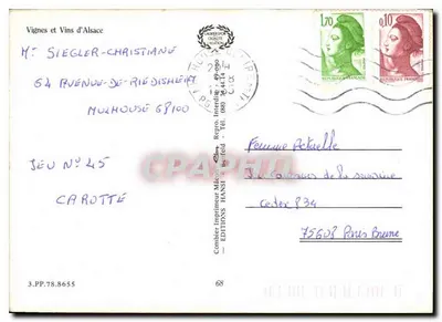 Winorośl i Wino w Alzacji — Karta pocztowa turystyczna z mapą i zdjęciami Colmar, Kaysersberg, Riquewihr, itp. — Rewers