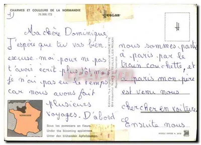 Pomorczaki w kwiecie — krowy paszące pod drzewami — Wydawnictwo La Cigogne, Étretat — Rewers