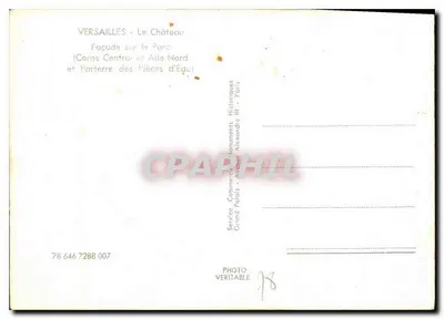 Versailles - Le Château — Façade sur le Parc (Corps Central et Aile Nord et Parterre des Pièces d'Équu) — Société Commerciale des Monuments Historiques, Grand Palais, Paris, n° 78 646 7288 007 — Verso