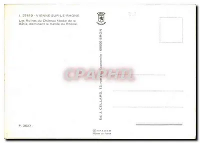 Ruiny zamku LA BATIE (XIII wiek) i dolina Rony na północy VIENNE — Wyd. J. CELLARD, nr seryjny P. 3627 — Rewers