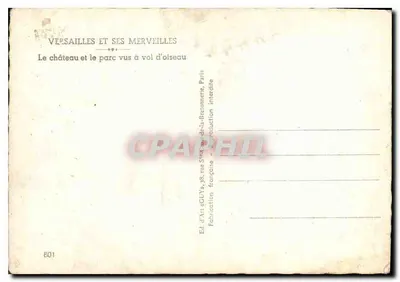 Versalhes e suas maravilhas — O castelo e o parque vistos de cima — Éd. d’Art GUY, 38, rue St-Éloi, Paris — Verso