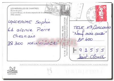 Chartres — Widok katedry i mostu Bouju — Wydawca Alliance Carterie — Rewers