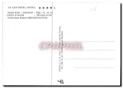 Hotel Cap Estel — Eze, Costa Azul — Edição Y.P.A. Nice — Verso