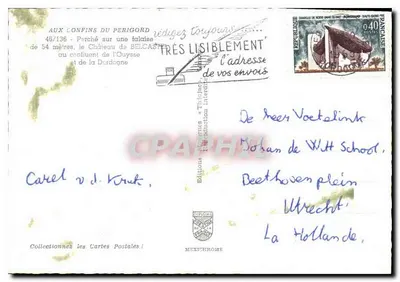 Zamek Belcastel — Wzniesiony na skałach o wysokości 54 metrów na styku rzek Ouysses i Dordogne — Wydawnictwo Menichrome, n° 46/136 — Rewers