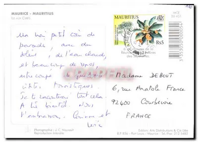 Isola di Mauritius — vista aerea di una baia tropicale — Edizione Arts Distributions & Cie Ltée — Verso