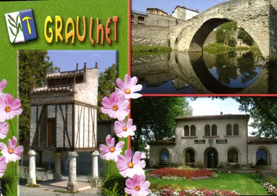 Graulhet — Ponte medieval sobre o Dadau, pavilhão do turismo, pombal — editor não visível