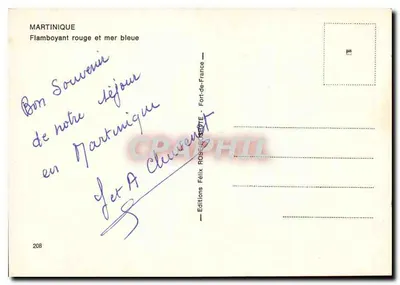 Martinique — Płomień czerwony i niebieskie morze — Wydawnictwo Félix Rose-Clément, nr 208 — Rewers