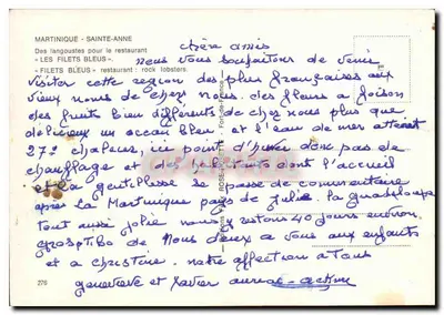 Martinique - Sainte-Anne — Camarões para o restaurante « Les Filets Bleus » — Editor: Font-de-France, n° 276 — Verso