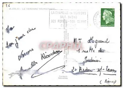 Il Vercors Turistico — cartolina turistica con mappa e foto — Edizioni 'La Crègane' n°26.000.03 — Verso