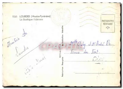 Lourdes (Hautes-Pyrénées) — Bazylika oświetlona — Wydawnictwo RÉELA nr 1065 — Rewers