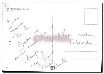 Porto de barcos em Aix-les-Bains — montanhas no fundo — editor Voillier, n°73 — Verso