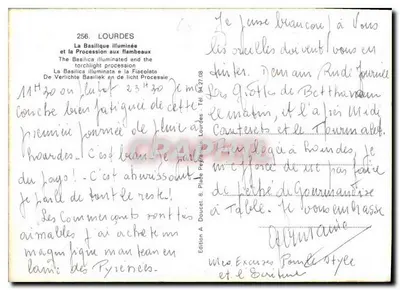Lourdes — Basílica iluminada e procissão com tochas — Edição A. Doucet — Verso