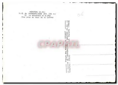 Menton — Klasztor i Morze — Widok z górzystego terenu — Wydawca: Misja Annonciady, Menton — Rewers