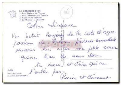 A Corniche d'Or — Os Rochos do Trayos, As Calanques de Théoule, Agay visto do Dramont, O Dramont — Edições Rellacolor, Nice — Verso
